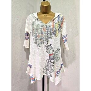 Inoah Hooded Waffle Knit Top Sm Cream Colorful Cat Lady Art to Wear Asymmetric